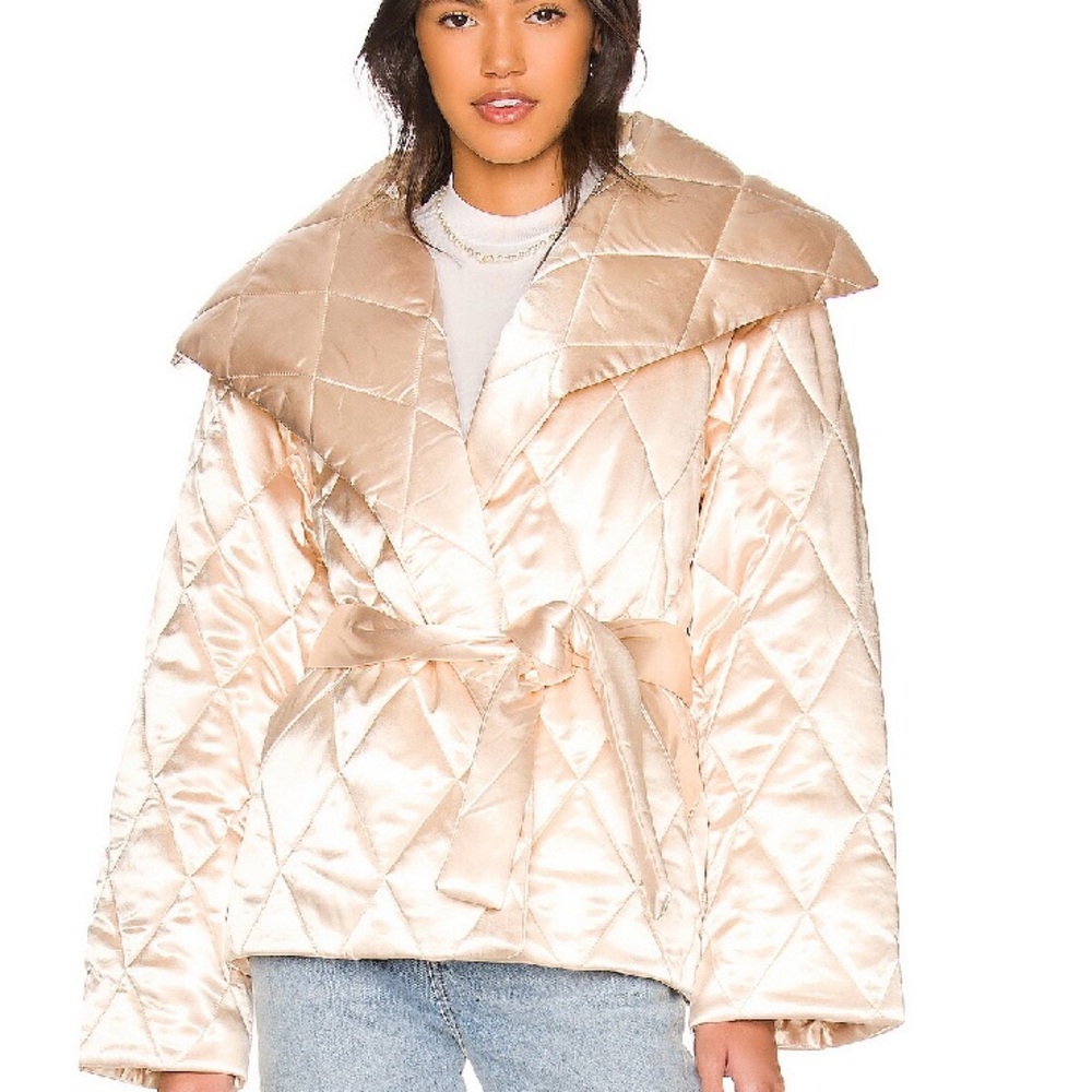 Lovers + Friends Satin Quilted Puffer Jacket in Cream